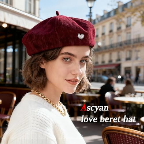 Women's Chenille Beret - Soft & Warm French Hat with Metal Heart Accent for Fall/Winter. - color: Wine Red
