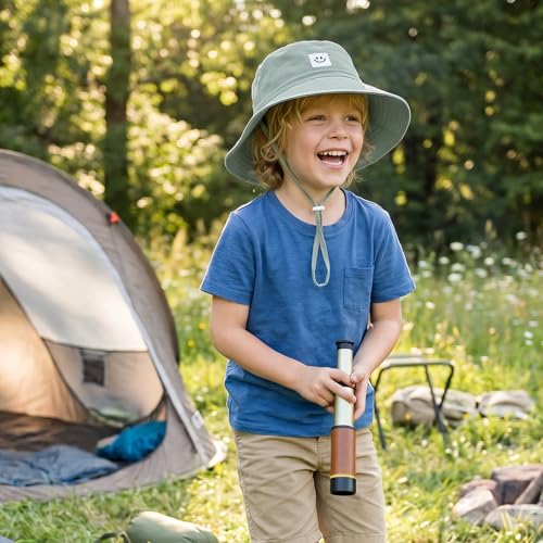 Kids Sun Hat Smile Face Bucket Hat Toddler Hat Wide Brim Adjustable Strap - color: Navy Blue+pea Green, size: 3-8T