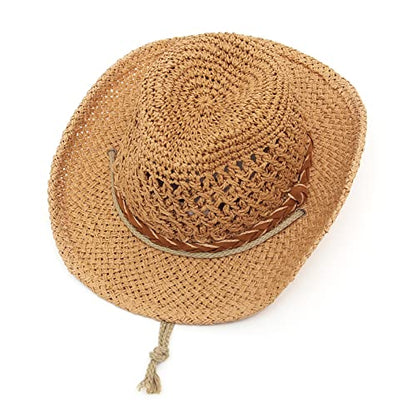 GEMVIE Baby Toddler Kids Sun Straw Western Cowboy Hat Wide Brim with Chin Strap - color: Khaki