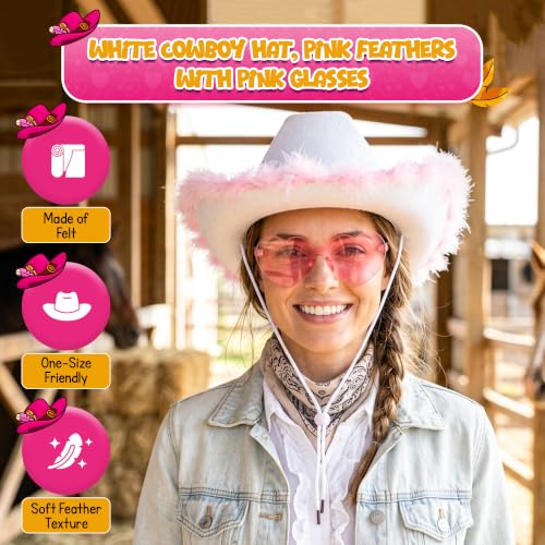 4E's Novelty Cowboy Hat with feathers With Heart Shaped Sunglasses for Women, Felt Cowgirl Hat for Party Costume Dress Up - color: White & Pink