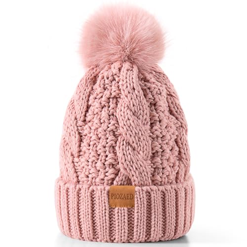 Women's Winter Pompom Beanie Warm and Cozy Knit Hat Fleece Lining Skull Cap for Women - color: Dark Pink