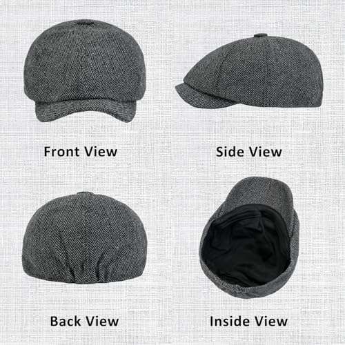 Men 8 Panel Newsboy Cap Classic Irish Gatsby Paperboy Ivy Newsies Herringbone Golf Cabbie Flat Wool Blend Winter Hat - color: Black