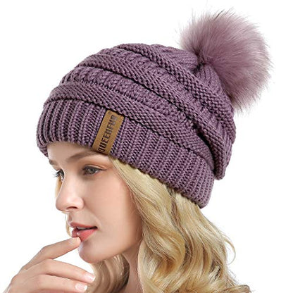 Women Knit Slouchy Beanie Chunky Baggy Hat with Faux Fur Pompom Winter Soft Warm Ski Cap - color: C1-purple