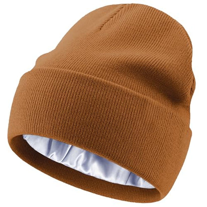 Satin Lined Knit Beanie Hat-100% Cotton Winter Hats for Women Men - color: 1-coffee