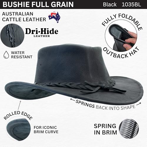 1035 Full Grain - Australian Cattle Leather Cowboy Hat - Foldable, Lightweight, Durable, Water Resistant - color: Black, size: Medium