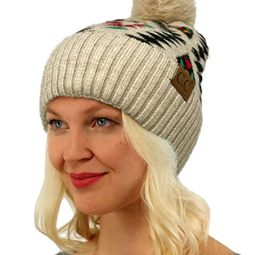 C.C Fur Pom Winter Fall Trendy Chunky Stretchy Cable Knit Beanie Hat - color: Aztec Beige