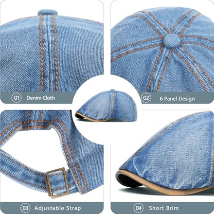 meioro Mens Denim Newsboy Hat 6 Panel Cotton Adjustable Flat Cap - color: Blue