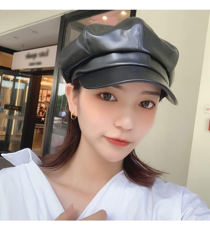 Women Newsboy Hats,8 Panel Ivy Beret PU Leather Cabbie Cap - color: Black