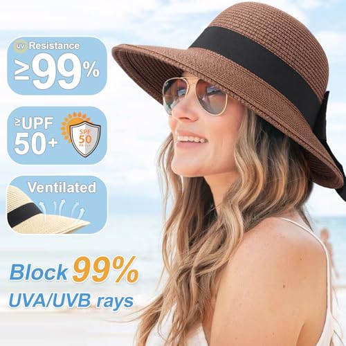DRESHOW Sun Hats for Women Travel Fedora Foldable Beach Sun Hat Summer Wide Brim Straw Bucket Hat with Bowknot UPF 50+ - color: 1 Pack Bowknot Straw Hat: Brown