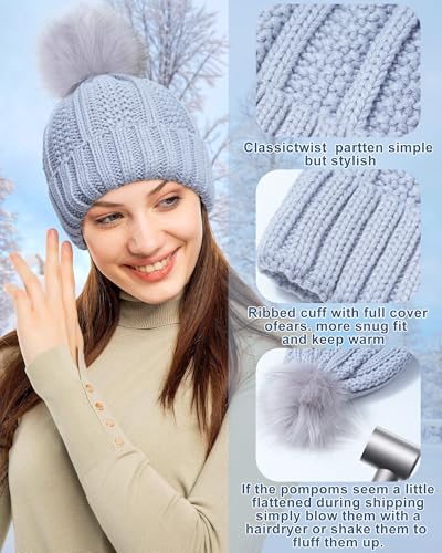 Womens Winter Beanie Hat, Satin Lined Women Hat Faux Fur Pom Pom Beanies Women Warm Knit Hats Warm Cap - color: Light Gray