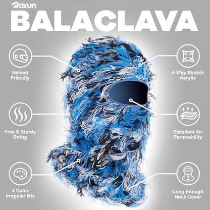 ROXUN Distressed Ski Mask Balaclava, Yeat Shiesty Fluffy Knitted Full Face - color: 01- Blue Mixed