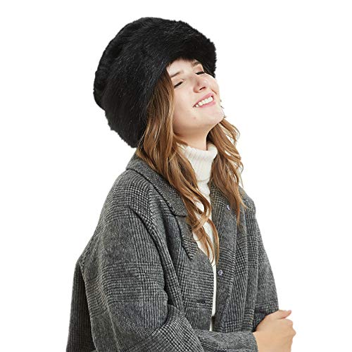 sy soul young Women's Leopard Faux Fur Hats Fluffy Bucket Hat Russian Style - color: Black
