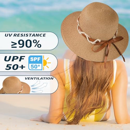 Beach Hat for Women, Wide Brim Sun Straw, UPF 50+ Foldable Floppy Sun Hat - color: E-khaki