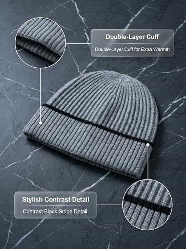 Beanie for Men Women Unisex Winter Hat Cuffed Thick Chunky Knitted Beanies Skull Cap - color: Gray With Black Cuff