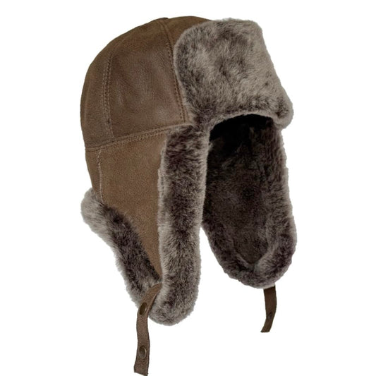 Handmade Sheepskin Leather Trapper Hat – Aviator Cap with Fur Lined Ear Flaps, Shearling Russian Ushanka Winter Hat - color: Coffe, size: Small