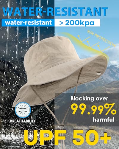 Wide Brim Waterproof Bucket Rain Hat for Women Men UPF50+ Cowboy Sun Hat - color: Beige