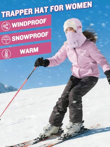 Winter Trapper Hat for Women - Windproof & Waterproof Hat with Removable Mask Goggles Ear Flaps, Purple