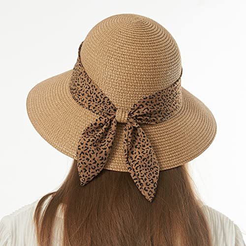 Womens Straw Sun Hat Summer Beach Wide Brim UV Protection Hats with Chin Strap Floppy Foldable Cute Bowknot UPF 50 Cap - color: Leopard Khaki