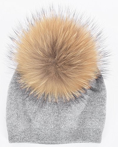 Women's Double Layer Winter Slouchy Knit Beanie Hat with Real Fur Pom Pom - color: Grey