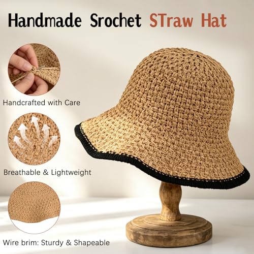 Sun Hat for Women Summer Straw Beach Hats Bucket Hat Floppy Crochet Hat - color: Khaki/Black