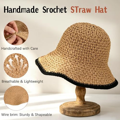 Sun Hat for Women Summer Straw Beach Hats Bucket Hat Floppy Crochet Hat - color: Khaki/Black