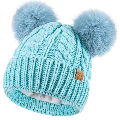 Women's Winter Hat Soft Knit Beanie with Faux Fur Pom Hat with Warm Fleece Lining Skull Cap for Women - color: Light Green