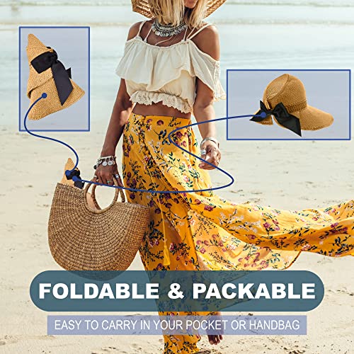 Straw Sun Visor for Women, Wide Brim UPF 50+ Protection Beach Hat, Adjustable, Roll Up Foldable Ponytail Cap with Chin Strap - color: A Mustard