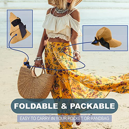 Straw Sun Visor for Women, Wide Brim UPF 50+ Protection Beach Hat, Adjustable, Roll Up Foldable Ponytail Cap with Chin Strap - color: A Mustard