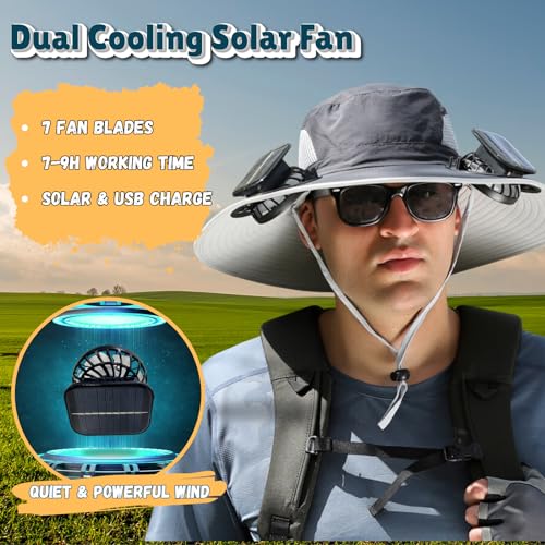 Outdoor Wide Brim Sun Hat with 2 Solar Fan Sun Bucket Hat for Men Women UPF 50+ Bucket Fishing & Beach Hat with Fan Built in - color: Z-green