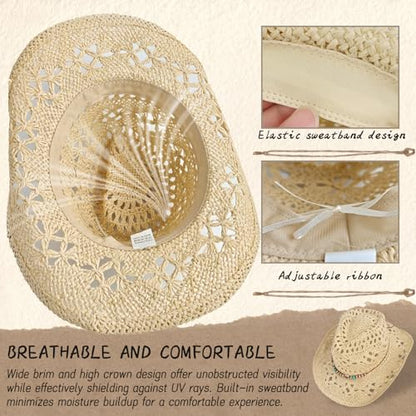 Straw Cowboy Hat for Women, Cowgirl Hat Wide Brim Western Cowboy Hat - color: Style3
