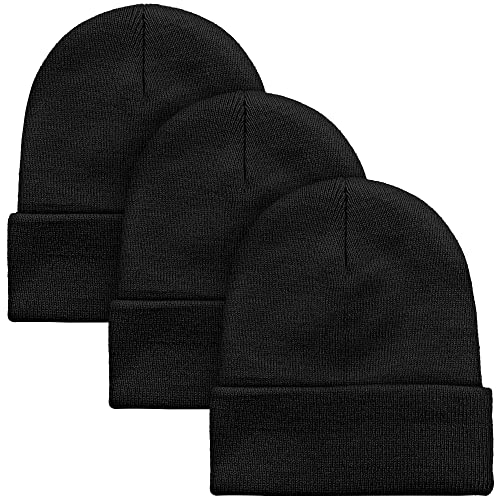 Cooraby 3 Pack Unisex Winter Skull Cap Beanies Knitted Cuff Hats Caps Roll-up Edge Beanie Hats for Men Women Outdoors - color: Black