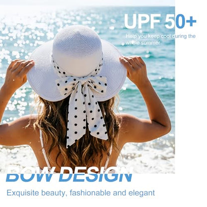 DRESHOW Women Straw Panama Hat Travel Fedora Beach Sun Hat Summer Wide Brim Straw Roll up Hat UPF 50+ - color: 1 Pack Bowknot Straw Hat: White (White Band)