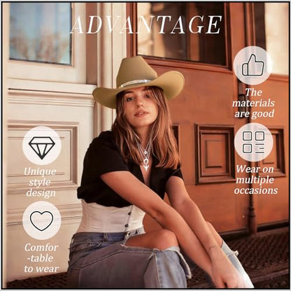 Western Black Cowboy Hats for Women Men, Fedora Wide Brim Rhinestone Cowgirl Hat with Bandana and Evil Eye Bull Head Necklace - color: Camel