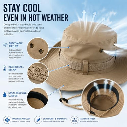 Taeku Sun Hat, Unisex Wide Brim Bucket Hat Sun Protection Cap Breathable Boonie Hat for Fishing Hiking Gardening Safari - color: Light Khaki