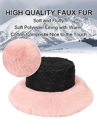 LA CARRIE Women's Fuzzy Wide Brim Faux Fur Bucket Hat Winter Fisherman Cap - color: Pink