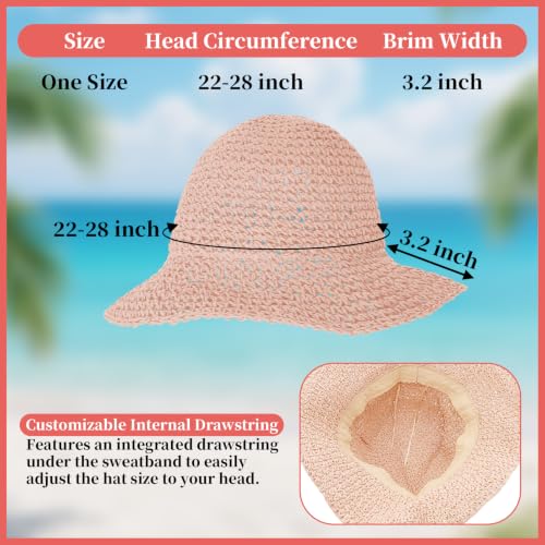 Straw Beach Sun Hats for Women Foldable Floppy Wide Brim Summer Travel Straw Sun Hat Packable Straw Bucket Hat - color: Pink