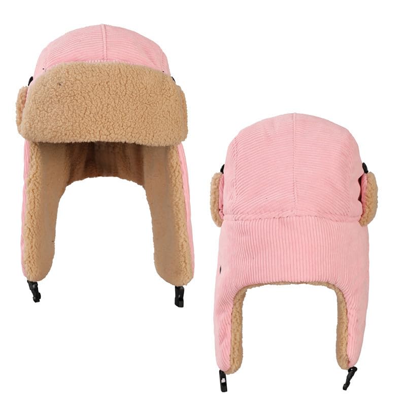 Unisex Winter Hats with Ear Flaps Cotton Trapper Hat Aviator Windproof Ski Cap Buckle Closure Ushanka Outdoor - color: Pink