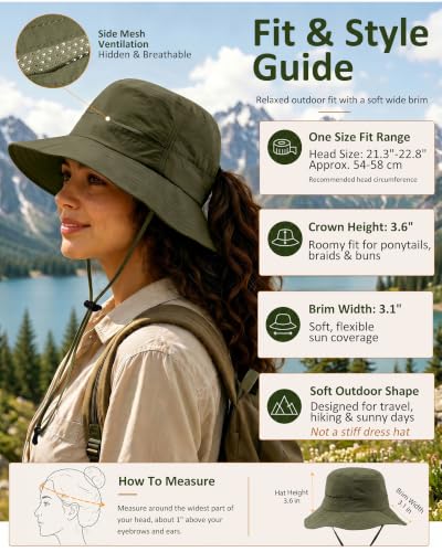 Womens Sun Hat Ponytail Packable UPF 50+ Waterproof Bucket Hat with Ponytail Hole for Beach Hiking Travel - color: Army Green