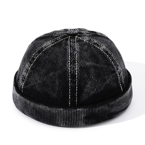 Corduroy Brimless Hats for Men Vintage Docker Hat Retro Beanie Hats Rolled Cuff Harbour Hat Sailor Cap Skullcap - color: Mg-xgm2592-black