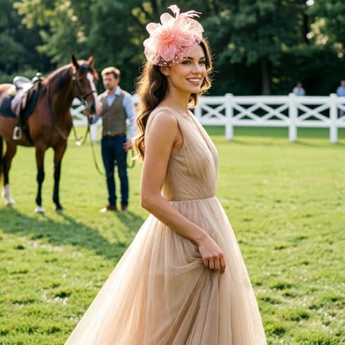 DRESHOW Fascinators Hat Flower Mesh Ribbons Feathers on a Headband and a Clip Tea Party Headwear for Girls and Women - color: 7" Diameter / Champagne
