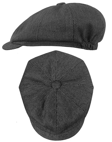 Adult 1920s Newsboy Cap for Men British Gangster Style Costume Baker Wool 8-piece Cap Halloween - color: Grey Herringbone, size: L (23.6")