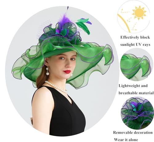 Women Organza Derby Hat Fascinator Tea Party Wedding Church Derby Hat Fascinator Hats Dual-use - color: 02c Grass Green