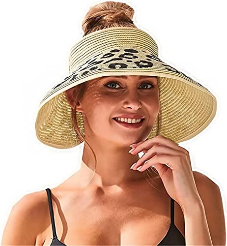 Women Sun Visors Wide Brim Foldable Packable Ponytail Beach Hat Straw Leopard Roll Up Bow Visor Sun Hats - color: Beige