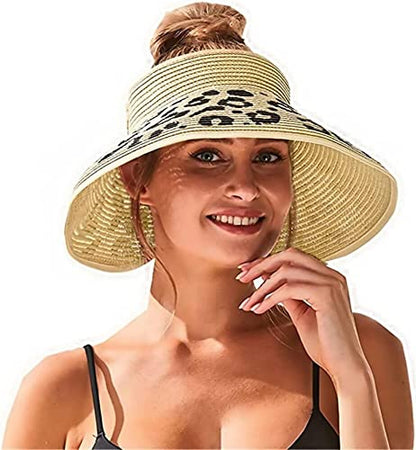 Women Sun Visors Wide Brim Foldable Packable Ponytail Beach Hat Straw Leopard Roll Up Bow Visor Sun Hats - color: Beige