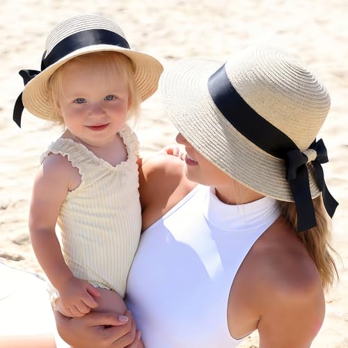 Zsedrut Women,Little Girls Straw Sun Hat Summer Beach Cap Foldable Visor Floppy Hats Wide Brim with Bowknot - color: Beige2, size: One Size