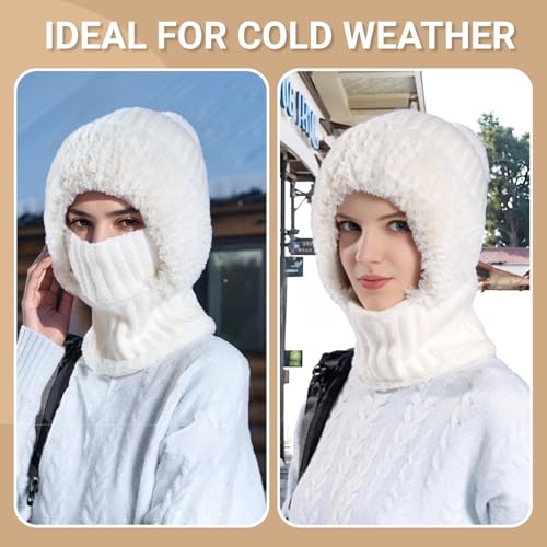 Women’s Knitted Beanie Hat with Face Cover - 3 in 1 Winter Balaclava with Mask Scarf Ear Muffs Pompom Fleece Lined Snow Caps - color: Brown-a
