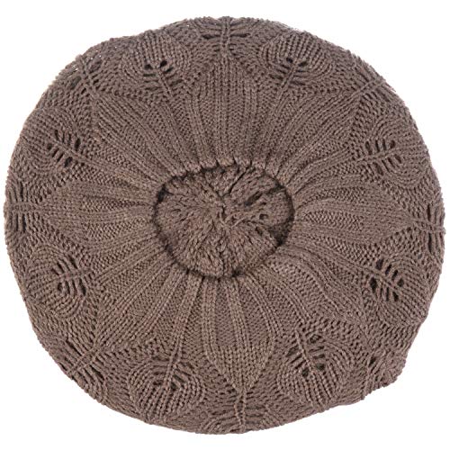 BYOS Women Mid-Weight Slouchy Leafy Cutout Crochet Soft Knit French Beret Hat - color: 2-pack-deep Taupe & Bk