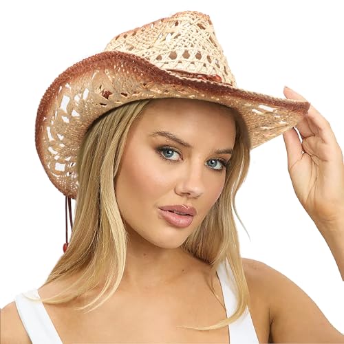 AQOKKA Straw Cowboy Hats for Women Men Western Cowgirl Hats with Shapeable Brim Woven Hollow Out Unisex Beach Roll Up Caps - color: Brown Beads Cowboy Hats : Khaki+beige Spray-painted