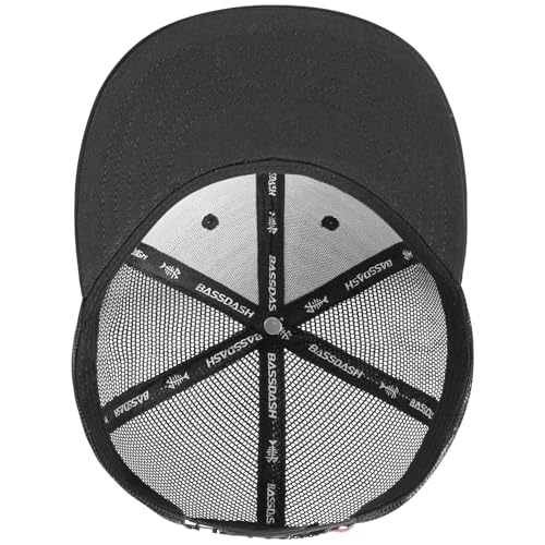 BASSDASH Flat Brim Trucker Cap Adjustable Snapback Hat Mesh Back for Men Women - color: Black Fish Maple Flag