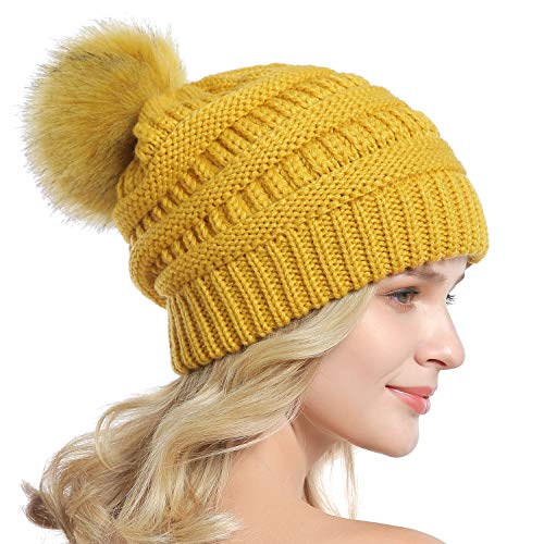 Women Knit Slouchy Beanie Chunky Baggy Hat with Faux Fur Pompom Winter Soft Warm Ski Cap - color: C7-ginger
